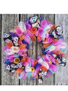Handmade Seasonal Deco Mesh/Ribbon Wreath Sugar Skull Black Blue Pink Orange
